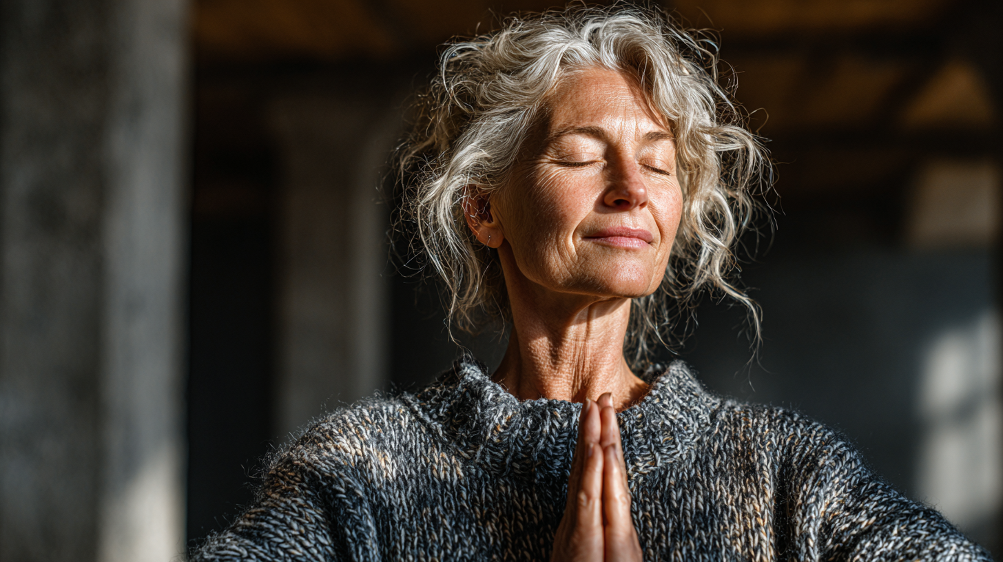Seniorka praktikující jógu s tabletem